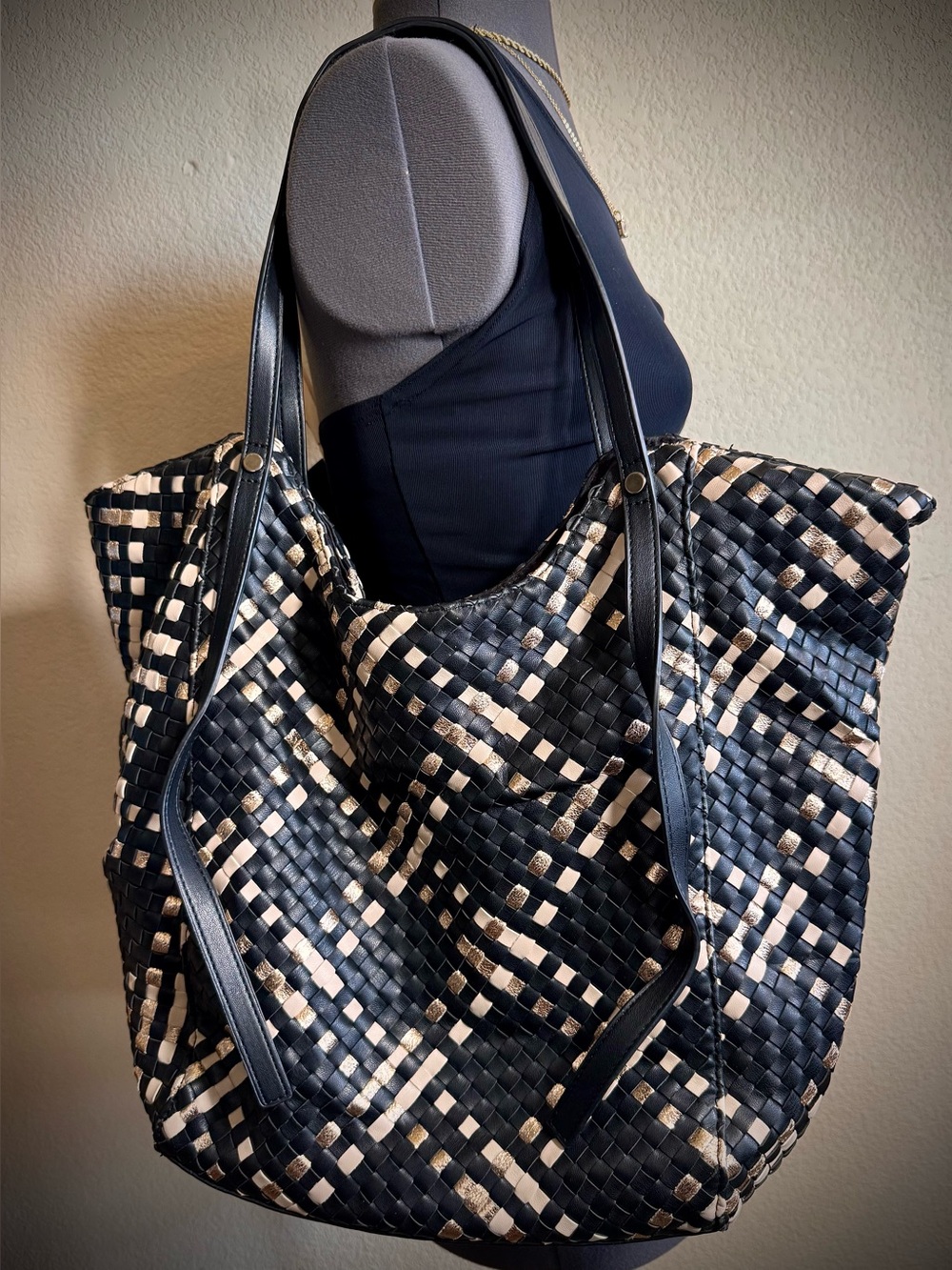 Anthropologie Cara Black Woven Rose Gold Tote Bag Purse